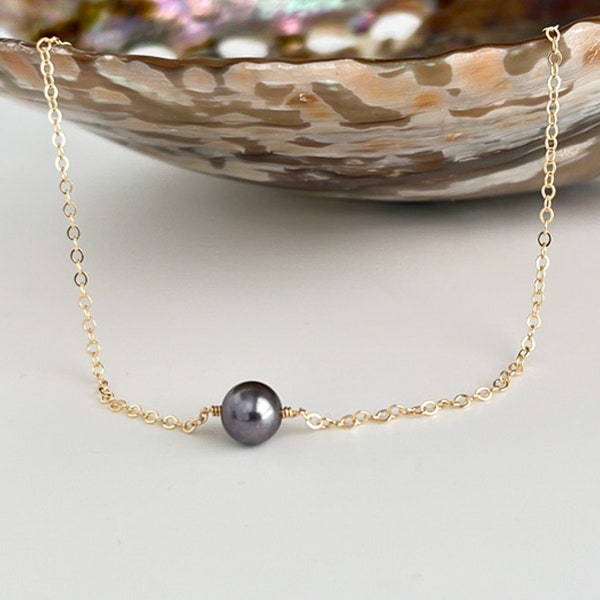 Single Pearl Necklace - Black Floating Pearl Necklace - Freshwater Cultured Pearl Necklace - Available in Sterling Silver, Gold or Rose Gold