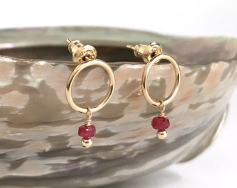 Ruby Earrings - Ruby Dangle Earrings - July Birthstone - Minimalist Earrings - Open Circle Earrings -Stud Earrings - Red Earrings for Women