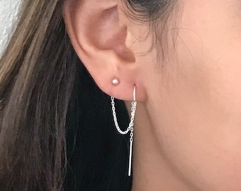 Double Piercing Earring - Two Hole Earring - Double Hole Earring - Chain or Threader earrings for Woman - Sterling Silver or 14k Gold Filled