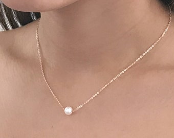 Akoya Pearl Necklace - Gold Pearl Necklace - Floating Pearl Necklaces for Woman - Saltwater Pearl Necklace - Bridesmaid Gift