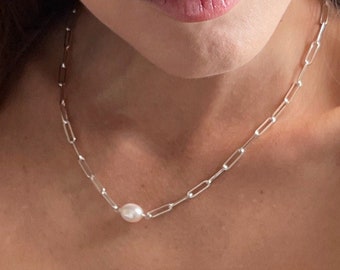 Paper clip Necklace - Real Pearl Necklace - Large Freshwater Cultured Pearl Necklace - Paperclip Chain - 14k Gold Filled or Sterling Silver