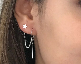 Double Piercing Earring - Star and Moon Earrings - Multiple Piercing Threader Earrings - Sterling Silver Ear Threads