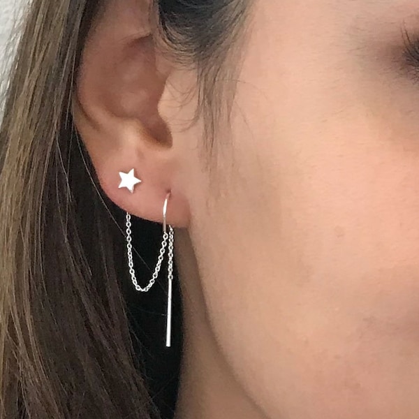 Double Piercing Earring - Star and Moon Earrings - Multiple Piercing Threader Earrings - Sterling Silver Ear Threads