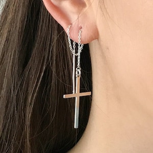 Double Piercing Earrings - Cross Earrings - Threader Earrings - Two Hole Earrings - Sterling Silver or 14k Gold Filled