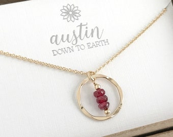 Real Ruby Necklace - July Birthstone Necklaces for Women - Silver or Gold Circle Necklace - Gift for Woman, Wife, Mom, Her