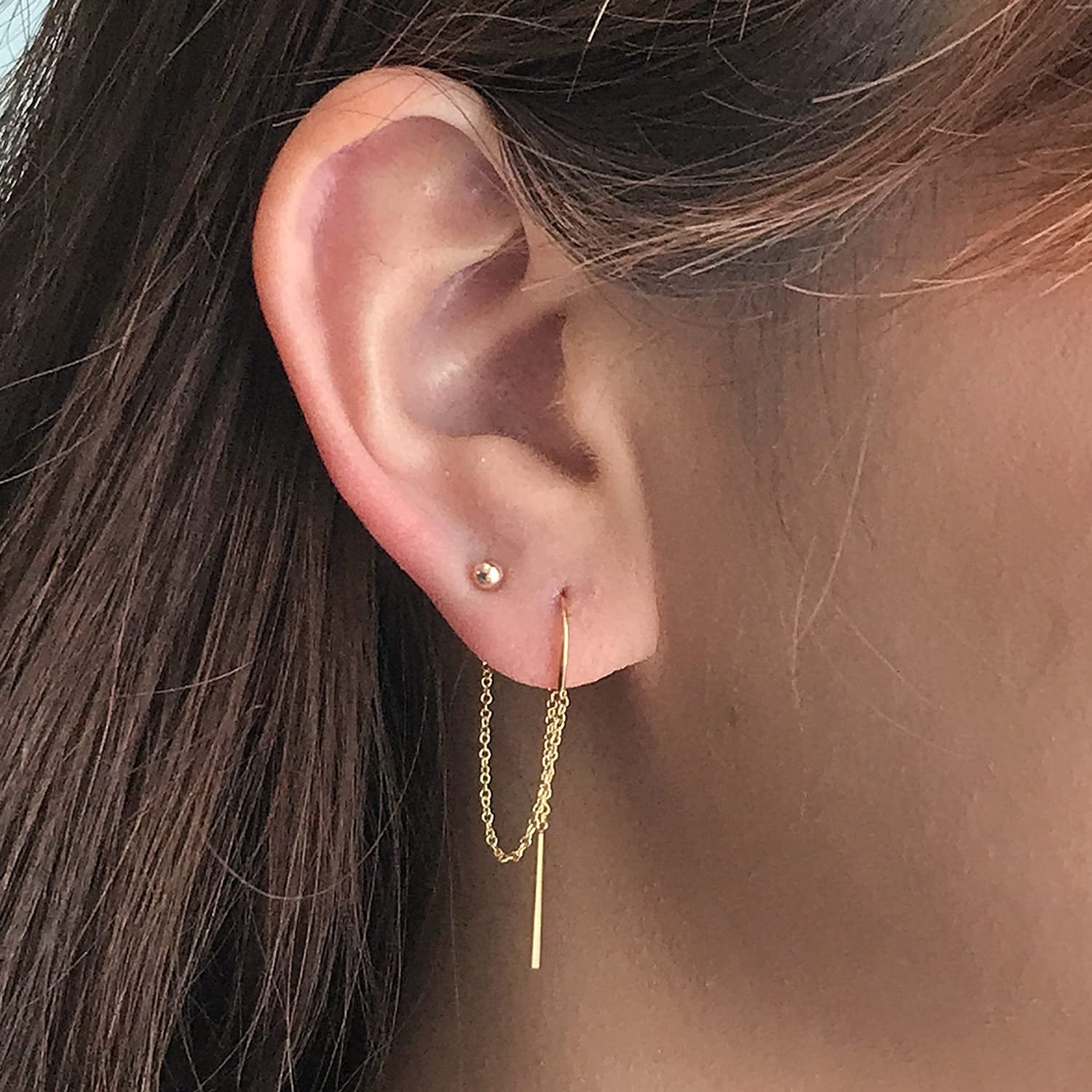 Double Piercing Earring Star and Moon Earrings Multiple Piercing Threader  Earrings 14k Gold Fill Ear Threads 