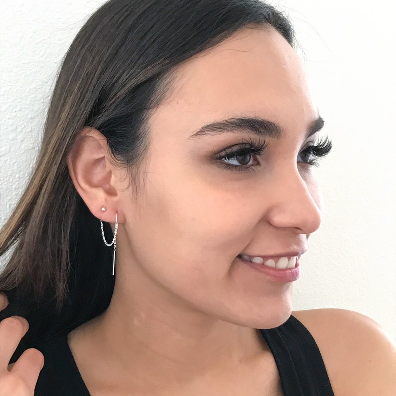 Double Piercing Earring Two Hole Earring Double Hole Earring Chain or Threader earrings for Woman Sterling Silver or 14k Gold Filled image 7