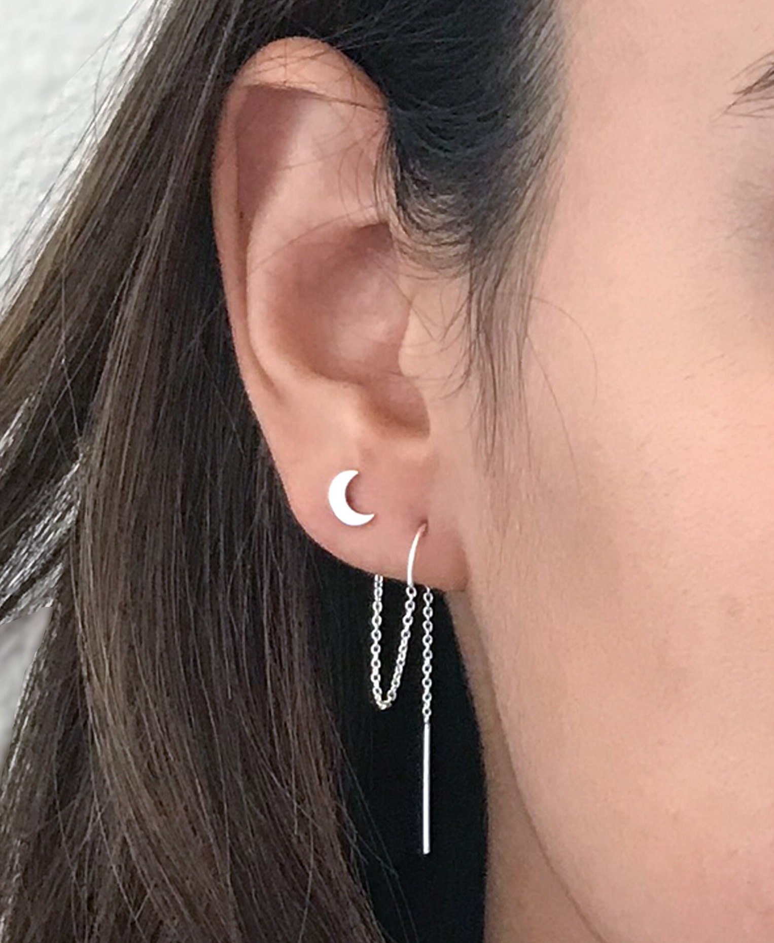 Double Piercing Earring Star and Moon Earrings Multiple Piercing Threader  Earrings 14k Gold Fill Ear Threads 