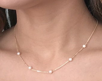 Gold Freshwater Pearl Necklace - Wedding Necklaces for Women - Floating Pearls - Bridesmaid Gift Ideas - Bridal Jewelry - June Birthstone