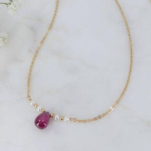 Genuine Ruby Necklace - Ruby and Pearl Bar Necklace - Sterling Silver or 14k Gold Filled Layering Necklaces for Women - July Birthstone