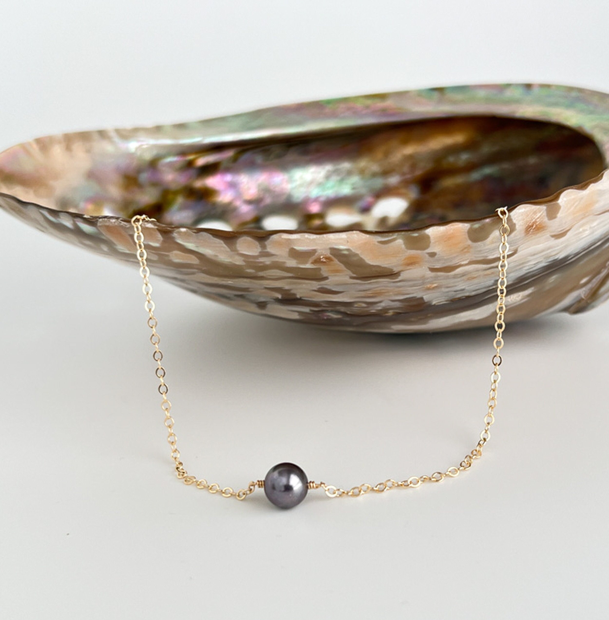Single Pearl Necklace - Black Floating Pearl Necklace - Freshwater Cultured Pearl Necklace - Available in Sterling Silver, Gold or Rose Gold