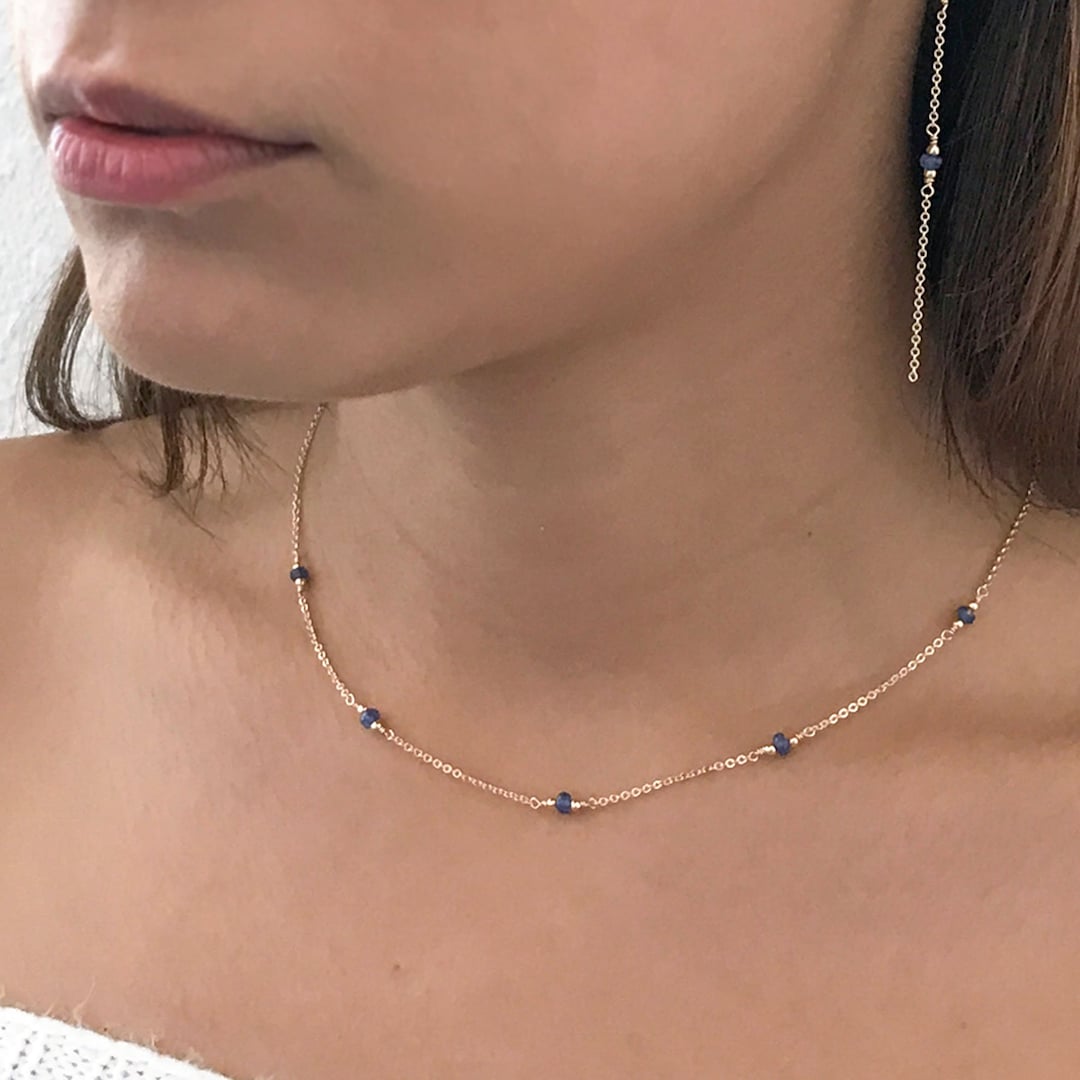 Blue Sapphire Necklace September Birthstone Dainty Gold or