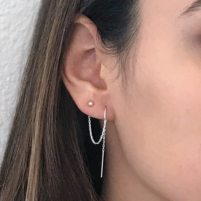 Double Piercing Earring Two Hole Earring Double Hole Earring Chain or Threader earrings for Woman Sterling Silver or 14k Gold Filled image 6