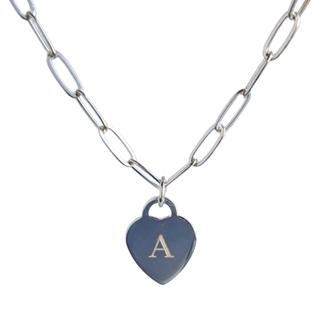 Heart Necklace Custom Letter Necklace Sterling Silver Paper Clip Necklace Layered Initial