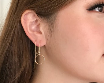 Sterling Silver or Gold Threader Earrings - Dainty Minimalist Extra Long Chain Earrings - Simple Circle Earrings for Women