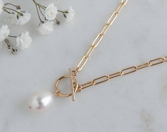 Paperclip Chain Necklace, Toggle Clasp Necklace, Real Pearl Necklace, Sterling Silver or 14k Gold Filled