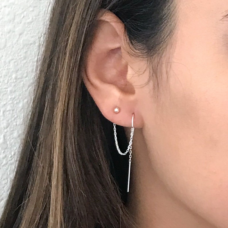 Double Piercing Earring Two Hole Earring Double Hole Earring Chain or Threader earrings for Woman Sterling Silver or 14k Gold Filled image 4