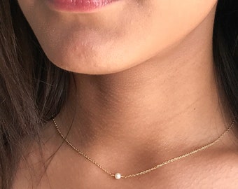 Tiny Saltwater Single Pearl Necklace - Silver or Gold Real Pearl Choker Necklaces for Women - One Pearl Necklace - June Birthstone Gift Idea