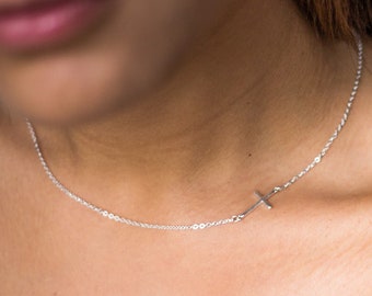Sideways Cross Necklace Women - Sterling Silver Cross Necklaces for Women - Christian Inspiration Jewelry - Gift Ideas for Woman