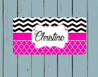 Chevron Black License Plate Quatrefoil -Monogram Car Tag Front License Plate Personalized Plate Circle Font