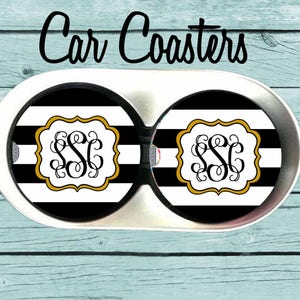 Monogram Car Coaster,Personalized Car Coaster,Black White stripe Monogram  Cup Holder Coasters, Personalized Gift,
