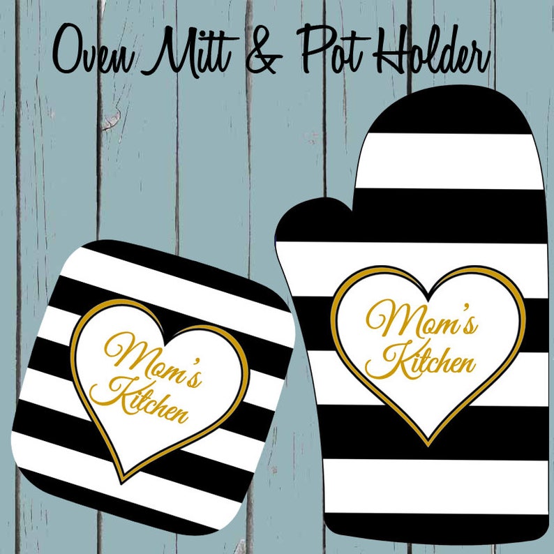 Valentines Day Holder Monogrammed Oven Mitt or Pot Holder Personalized Oven Mitts Holiday Gift Cookware Kitchen Black and White Stripe