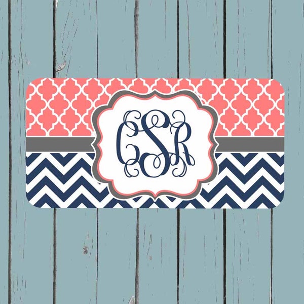 Monogram License Plate - Coral Lattice Navy Chevron License Plate Frame - Personalized License Plate - Car Tag - Front Plate