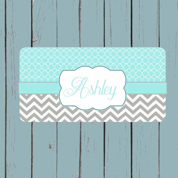 Monogram LIcense Plate - Teal Lattice Grey ChevronLicense Plate - Monogram Car Tag Front License Plate Personalized Plate