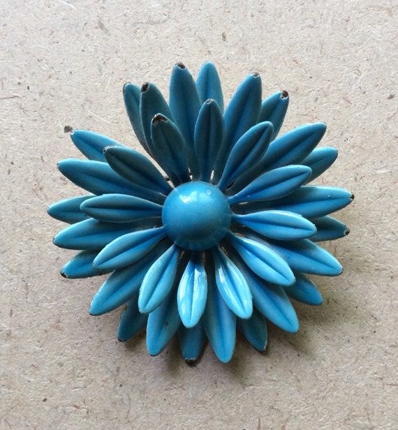 Retro Blue Bird Blue Enamel Flower Brooch - image 1