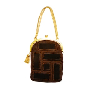 Vintage Patchwork Brown Suede Purse with Gold Metal Chain Strap