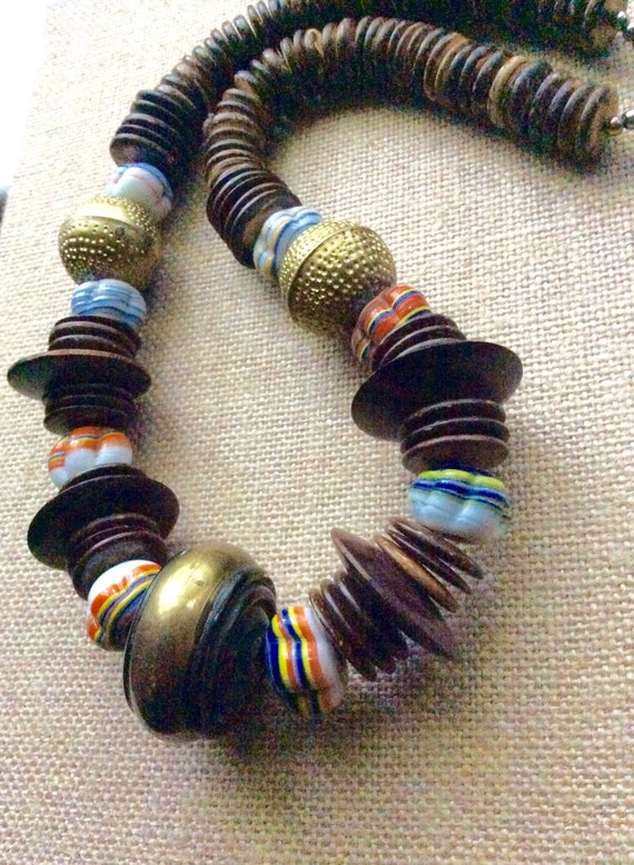 Bohemian Beaded Wooden, Ceramic and Brass Necklace - image 5