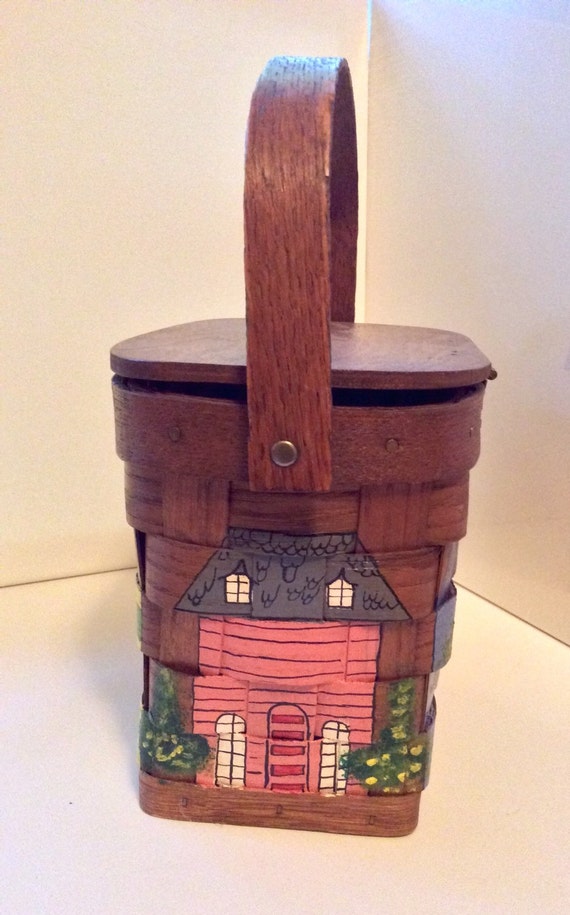 Retro Hand Painted Wooden Basket Bag with Town Mo… - image 2