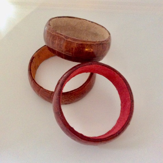 Wide Retro Leather and Suede Bangle Set