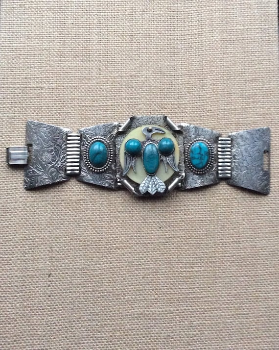 Retro Large Thunderbird Motif Cuff and Linked Bra… - image 1