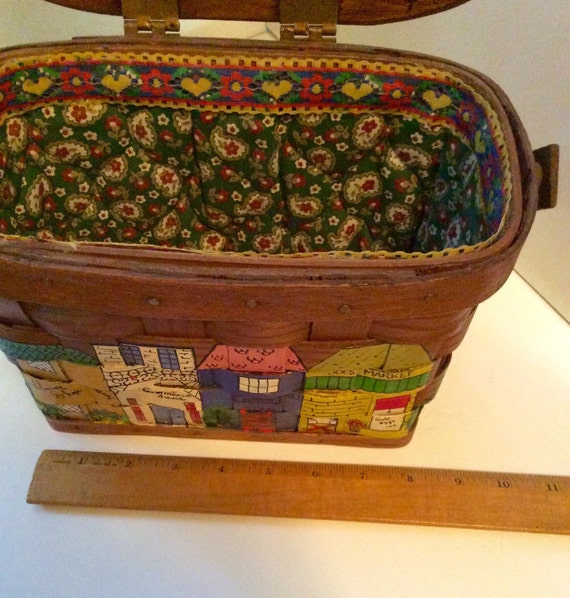 Retro Hand Painted Wooden Basket Bag with Town Mo… - image 3