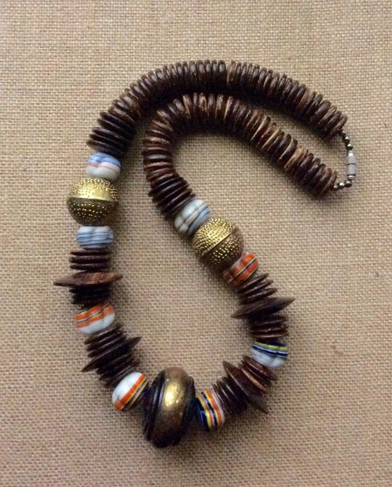 Bohemian Beaded Wooden, Ceramic and Brass Necklace - image 4