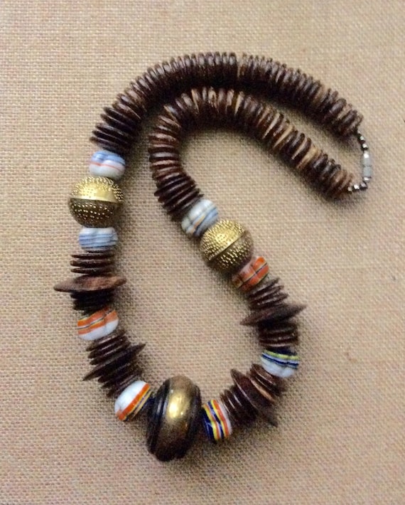 Bohemian Beaded Wooden, Ceramic and Brass Necklace - image 1