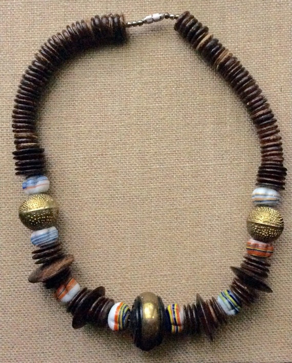 Bohemian Beaded Wooden, Ceramic and Brass Necklace - image 2