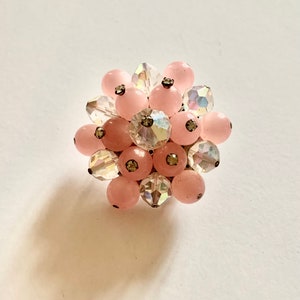 Retro Pink Moonglow Lucite and Crystal Brooch