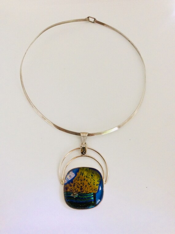 Unique Sterling Collar with Multi Color Art Glass… - image 8