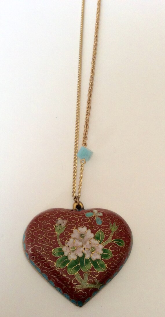 Vintage Cloisonné Heart Pendant with Jade Accent