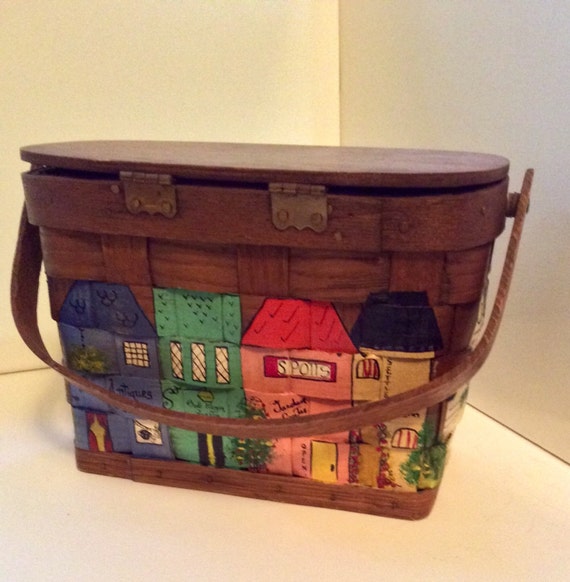 Retro Hand Painted Wooden Basket Bag with Town Mo… - image 4