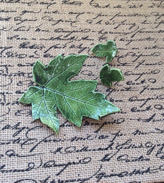 Retro Artisan Ceramic Green Leaf Brooch and Earrin