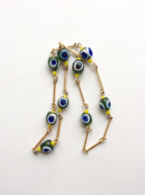 Retro blue, yellow and white lampwork glass beaded