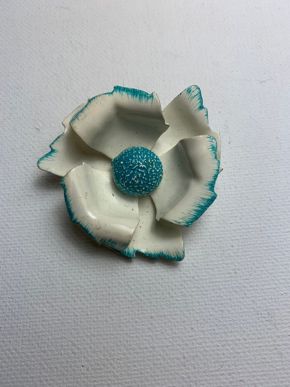 Teal and White Enamel Boutonniere Brooch - image 2