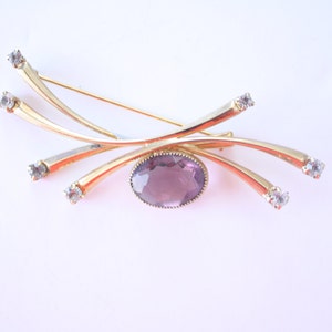 Mod Goldtone Amethyst Color Glass Stone Brooch
