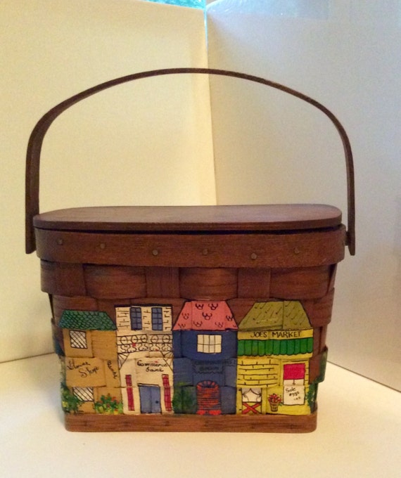 Retro Hand Painted Wooden Basket Bag with Town Mo… - image 1