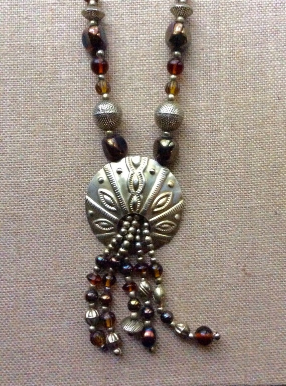Bohemian Glass Bead and Metal Long Pendent Necklac