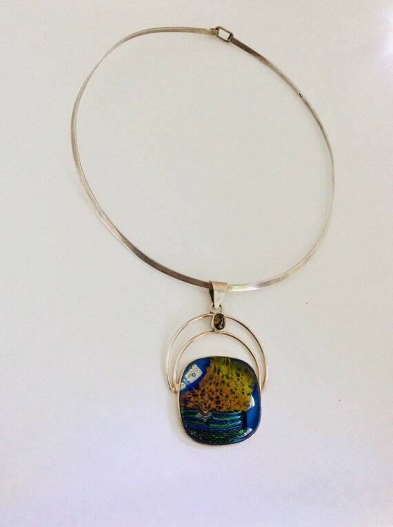 Unique Sterling Collar with Multi Color Art Glass… - image 5