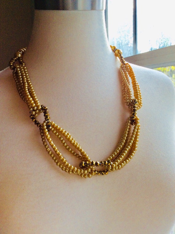 Beautiful Goldtone Pearl and Glass Bead Three Stra